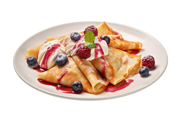 Crepe with fresh berries,whipped cream and syrup on plate isolated on transparent background,famous french dessert.