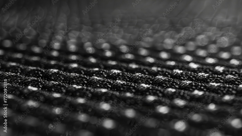 Poster the image is a close up of a black fabric with a shiny, metallic look. the fabric appears to be made