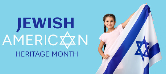 Little girl with the flag of Israel on color background - obrazy, fototapety, plakaty