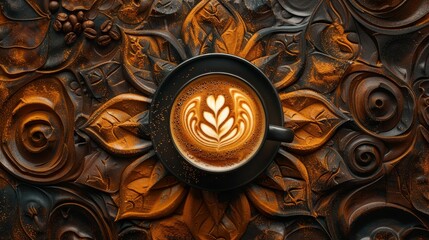 A cup of coffee with a leaf design on it sits on a table with a patterned background