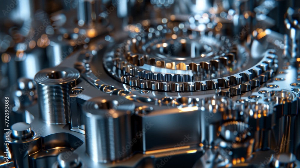 Poster a close up of a machine with many gears and a metallic look. concept of precision and complexity, as