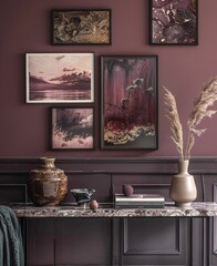 Purple Walls and Artwork A Blend of Modern Art and Traditional Decor Generative AI