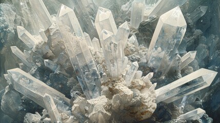 A close up of a large crystal formation. The crystals are white and appear to be scattered throughout the image. Scene is serene and peaceful, as the crystals seem to be floating in the air