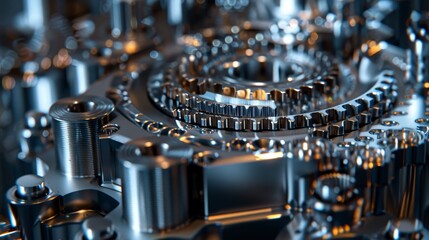A close up of a machine with many gears and a metallic look. Concept of precision and complexity, as well as the importance of the machine's function - obrazy, fototapety, plakaty