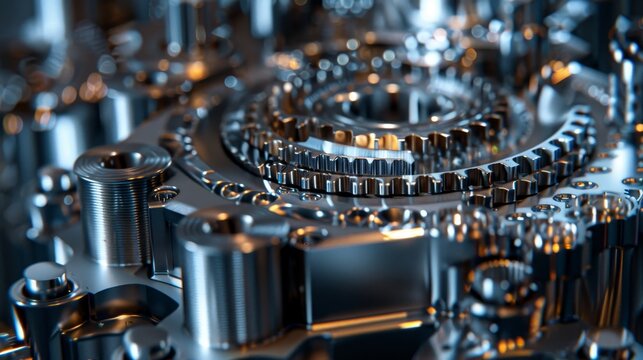 A close up of a machine with many gears and a metallic look. Concept of precision and complexity, as well as the importance of the machine's function
