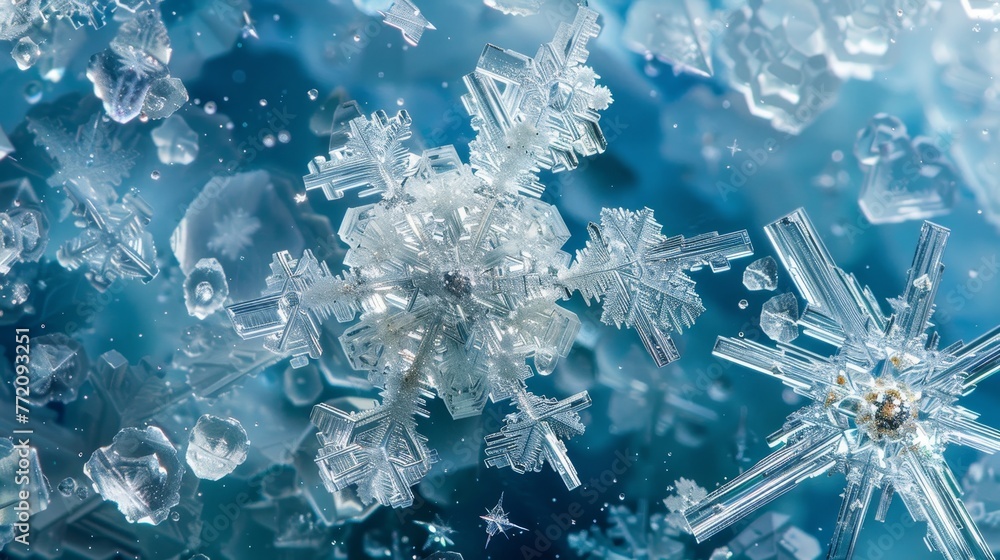 Poster a close up of a snowflake with a blue background. the snowflake is surrounded by other snowflakes, c
