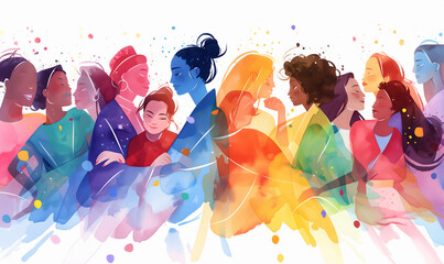 Women Of Different Race And Age Hug And Stand Together. Abstract Colorful Art Watercolor Painting Of Woman Of Different Culture And Ethnicity Concept Of Gender Equality And The Female Empowerment