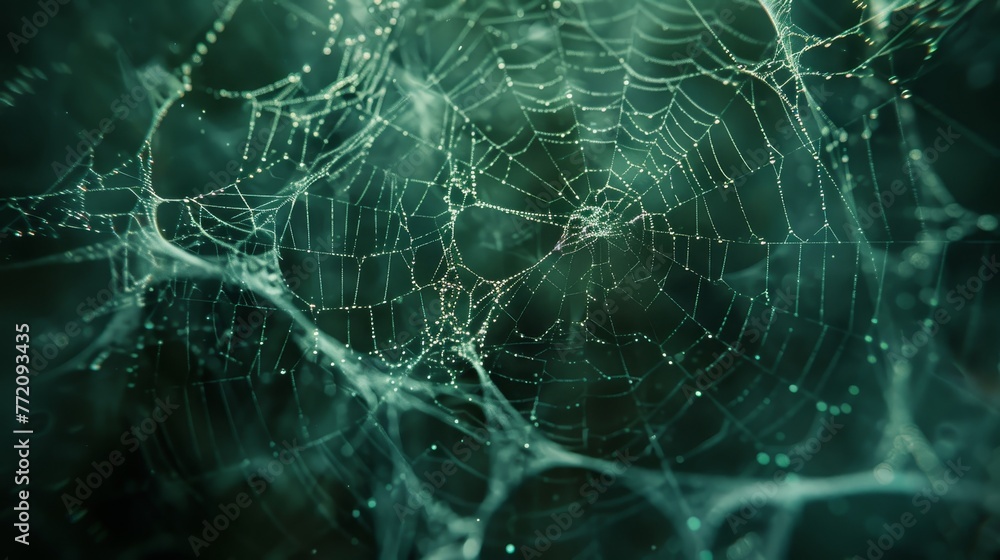 Poster a spider web is shown in a greenish color. the web is very intricate and has many small lines. the i