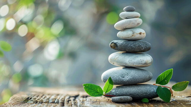 Stack of smooth stones balanced perfectly with green leaves, symbolizing tranquility and natural harmony against a bokeh background