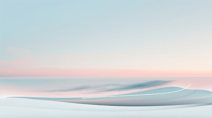 Minimalist abstract landscape with smooth wavy lines and a soft pastel-colored sky, resembling tranquil dunes or waves at dawn or dusk.