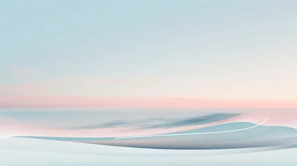 Papier Peint photo Bleu clair Minimalist abstract landscape with smooth wavy lines and a soft pastel-colored sky, resembling tranquil dunes or waves at dawn or dusk.