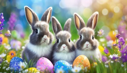 Fototapeta na wymiar 3D rendering baby bunny family, adorable big eyes, on a colorful flower meadow with painted easter eggs AI Generated