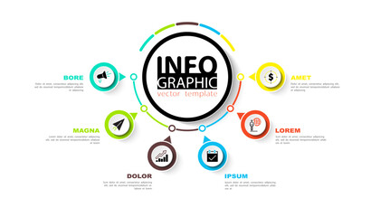 Infographics design and marketing icons, vector, circles. Сan be used to create workflows, diagram of annual reports, web design of presentations.Business concept with 6 options, process steps, colors