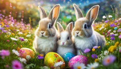 Fototapeta na wymiar 3D rendering baby bunny family, adorable big eyes, on a colorful flower meadow with painted easter eggs AI Generated