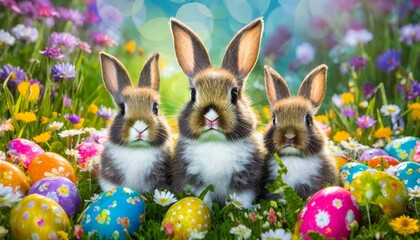 3D rendering baby bunny family, adorable big eyes, on a colorful flower meadow with painted easter...