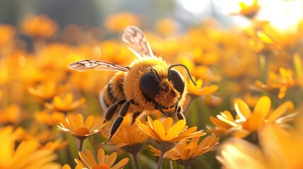 A bee is standing in a field of yellow flowers. The bee is the main focus of the image, and it is enjoying the sunny day. The bright yellow flowers and the clear blue sky create a cheerful - obrazy, fototapety, plakaty