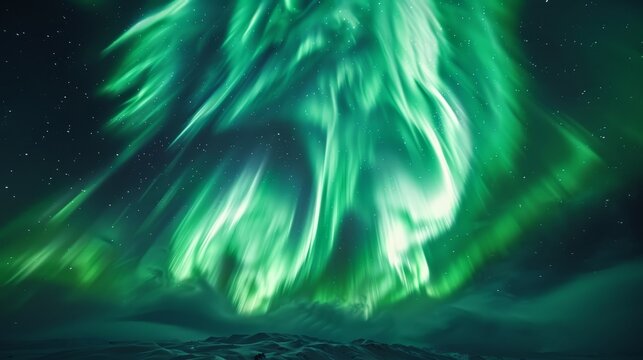 A green aurora with a glowing green light in the sky. The sky is filled with stars and the aurora is the main focus of the image