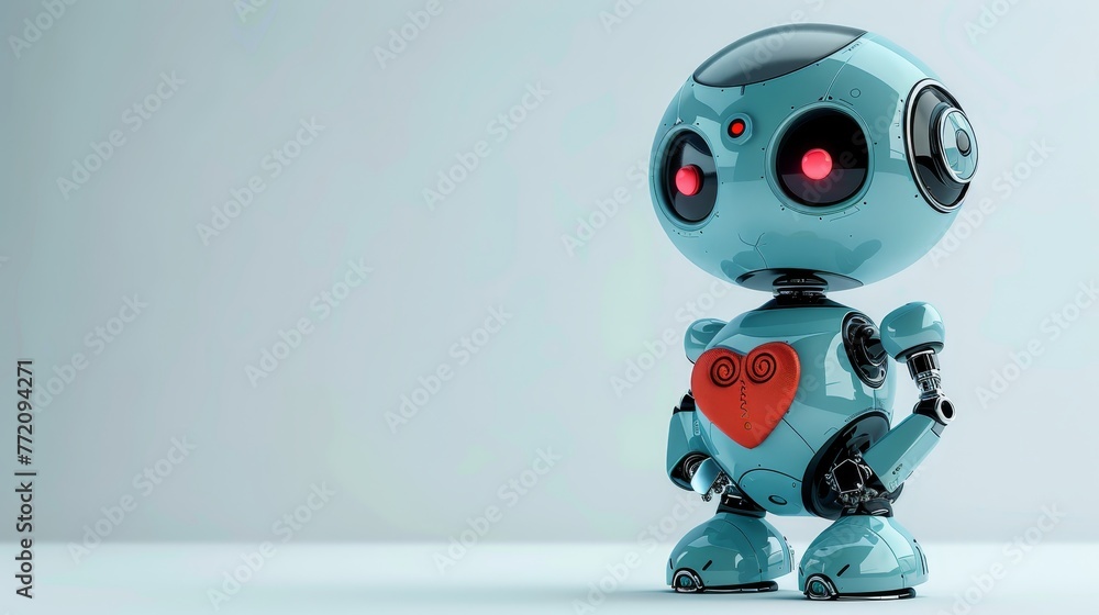Poster a robot with a heart on its chest stands in front of a white background. the robot's design and the 