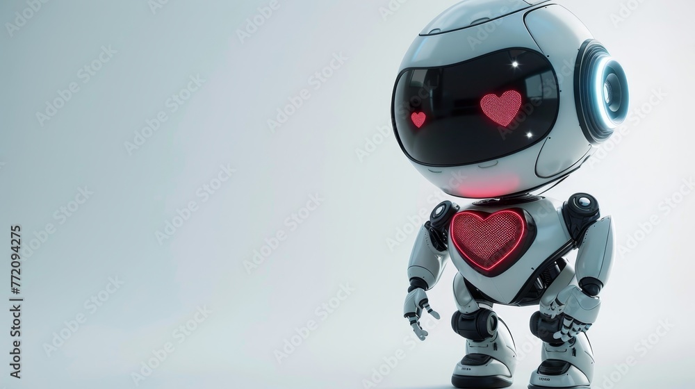 Poster a robot with a heart on its chest. the robot is white and red