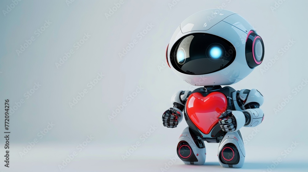 Poster a robot with a heart on its chest is standing in front of a white background. the robot's heart is r