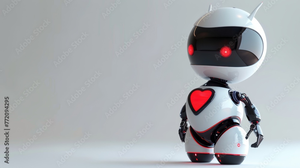 Poster a robot with a heart on its chest stands in front of a white background. the robot's heart is lit up
