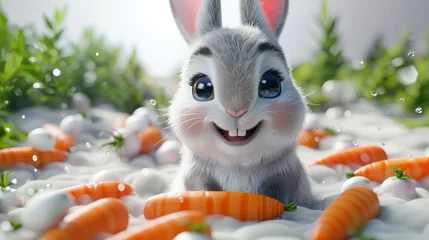 Fototapeten A cartoon rabbit is sitting in a pile of carrots. The rabbit is smiling and he is enjoying the carrots. The scene is lighthearted and playful, with the rabbit being the main focus of the image © Sodapeaw