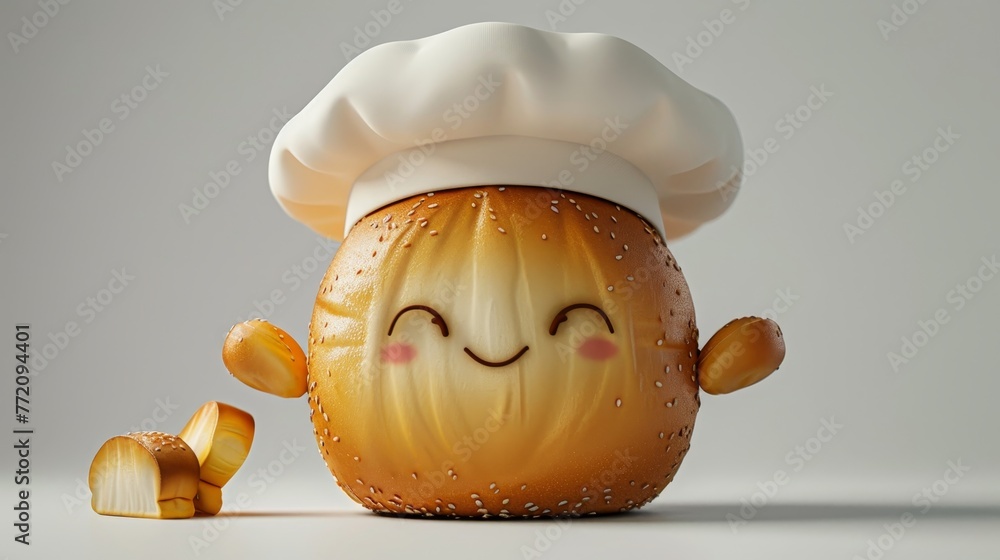 Poster a cartoon character with a chef hat and a smiling face is holding a piece of bread. the bread is to 