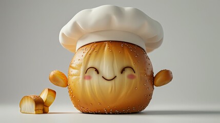 A cartoon character with a chef hat and a smiling face is holding a piece of bread. The bread is to the left of the character and he is a slice of toast. The image conveys a lighthearted