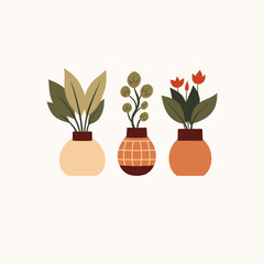 Vector flat hand drawn illustration of home plants and flowers in clay vases. Composition of flowerpots in gentle beige colors. Greenery in pots. Home hobby and flower shop. - 772094888