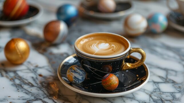 A cup of coffee with a heart on top and a few colorful balls around it. The coffee cup is on a black plate with a white rim