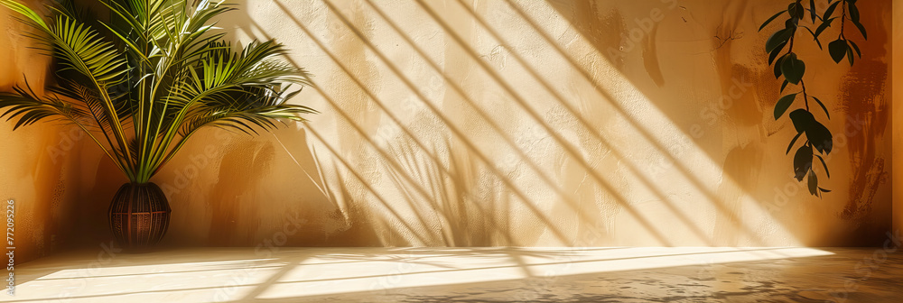 Poster artistic play of shadows on a textured wall, capturing the dynamic interaction between light, nature
