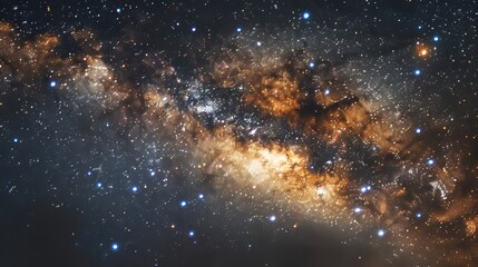 Obraz premium A starry night sky with a bright yellow line in the middle. The stars are scattered throughout the sky, creating a sense of depth and vastness