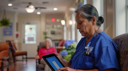 Healthcare professional reviewing digital records on a tablet with a patient in the background in a medical facility waiting area.