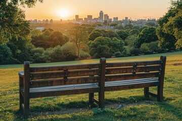 Fototapeta premium Lush city park with park benches and city skyline bicycles as background professional photography