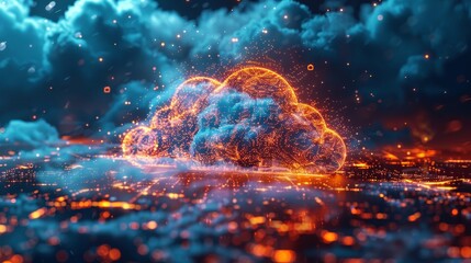 A cloud of fire is hovering over a city. The fire is orange and blue, and it looks like it's coming from a computer. The city is lit up with bright lights, and the fire is creating a sense of danger