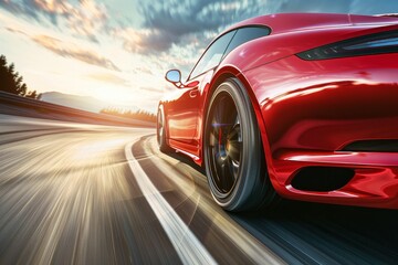 Red sports car speeding through high-speed highway curve on sunny day with motion blur