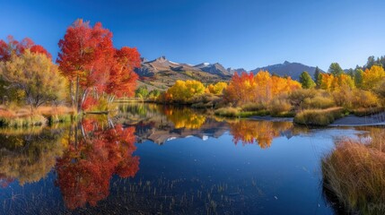 Autumnal landscape with vibrant red and yellow trees reflecting in a tranquil lake against a backdrop of serene mountains.