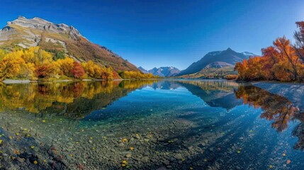 Tranquil autumn landscape with colorful trees reflecting in a clear, serene lake surrounded by majestic mountains under a blue sky.