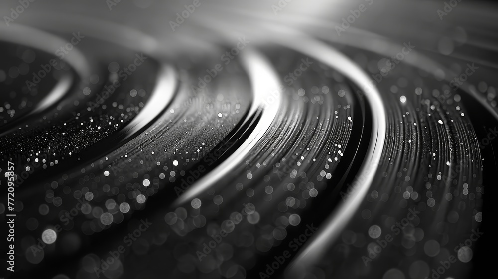 Poster a black and white image of a spiral with a lot of dots. the dots are scattered all over the spiral, 