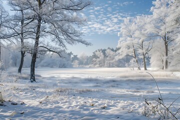 : A peaceful snowy meadow, with a blanket of white snow and a gentle breeze