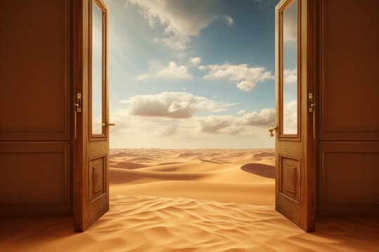Desolate Open door at hot desert. Sunny future. Generate Ai
