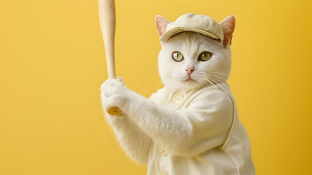 A surreal of a one white cat playing baseball wearing a mini baseball uniform,hat,and a baseball glove on left paw,holding a tiny baseball bat,on a