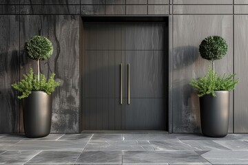 Modern black front door with green plants on stylish contemporary building facade - obrazy, fototapety, plakaty