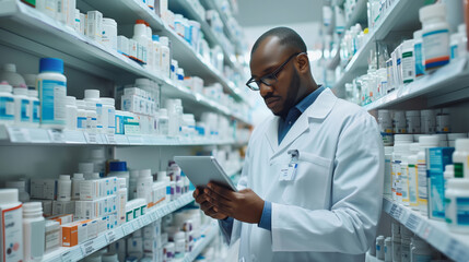 Concentrated pharmacist evaluating stock with tablet
