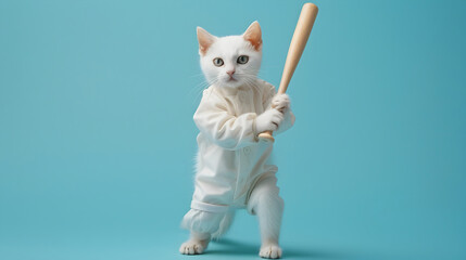 Surreal Baseball-Playing White Cat in Miniature Uniform Holding Tiny Bat on Vivid Blue Pastel Background