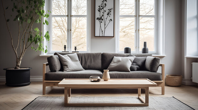 Interior of modern living room with gray walls, concrete floor, brown sofa and coffee table,Mock up a classic living room with a trendy sofa and a stylish hipster background