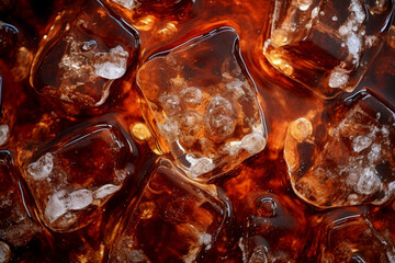 Close-up of cola soft drink with bubbles and ice cubes, a textured brown and refreshing beverage background, reflecting light and effervescence