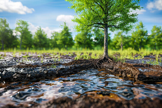 A visual breakdown of bioremediation in action, depicting microorganisms cleaning an oil spill, set in a polluted landscape becoming clean