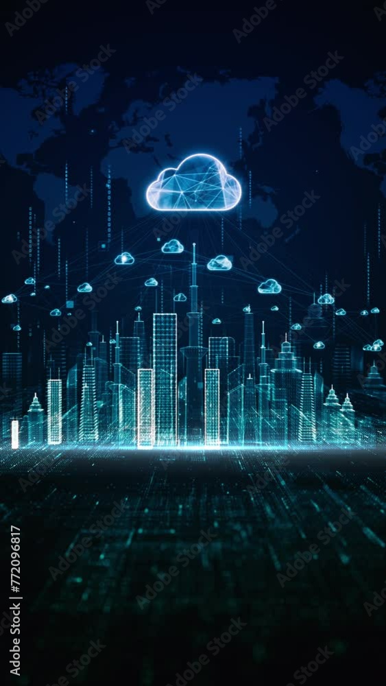Poster cloud computing network over digital cityscape, digital visualization of cloud computing network and