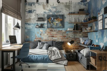 Modern stylish teenagers bedroom interior featuring spacious workspace and comfy bed